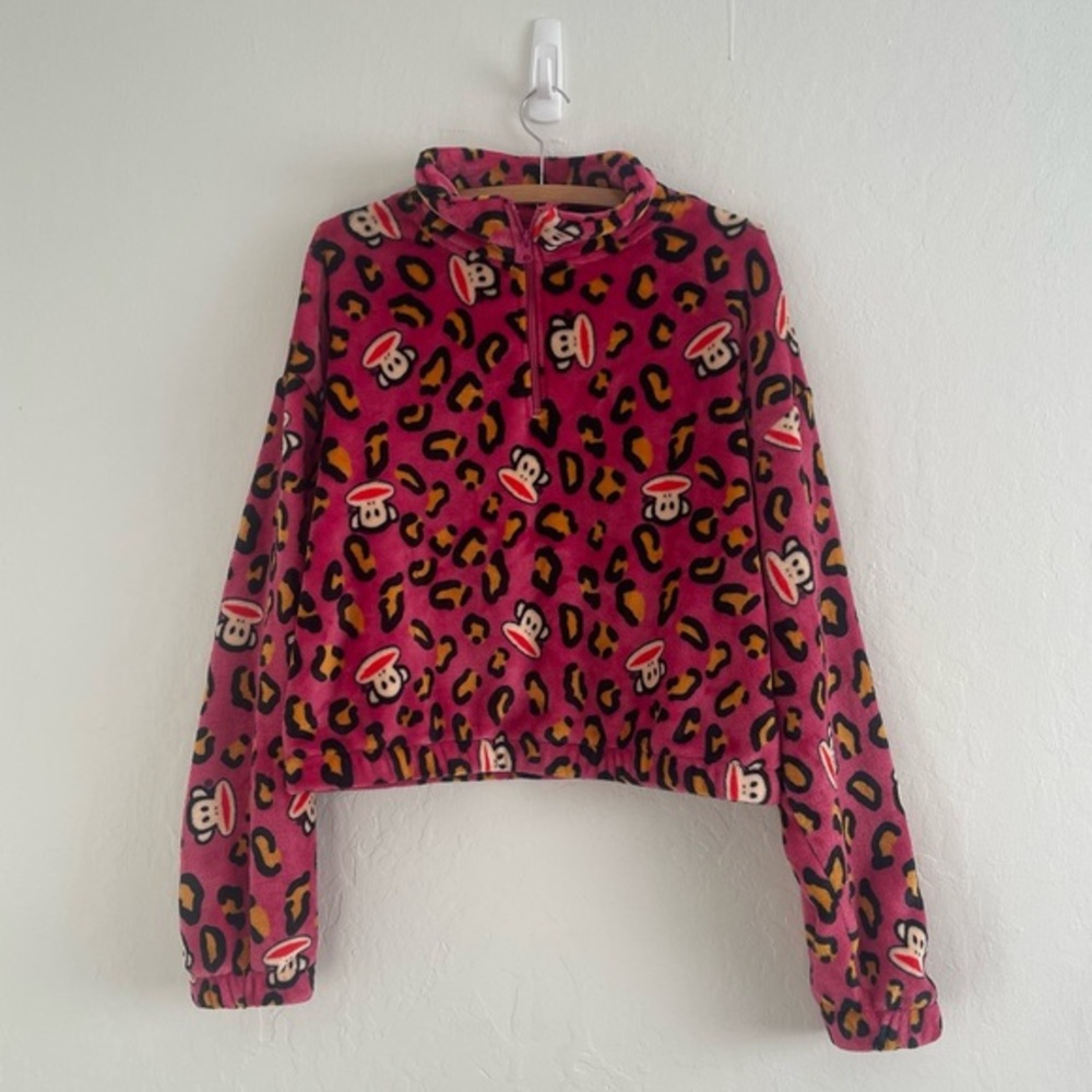 Paul Frank Retro Monkey Leopard Print Plush Pink Quater Zip Pullover Size Medium - Picture 1 of 7